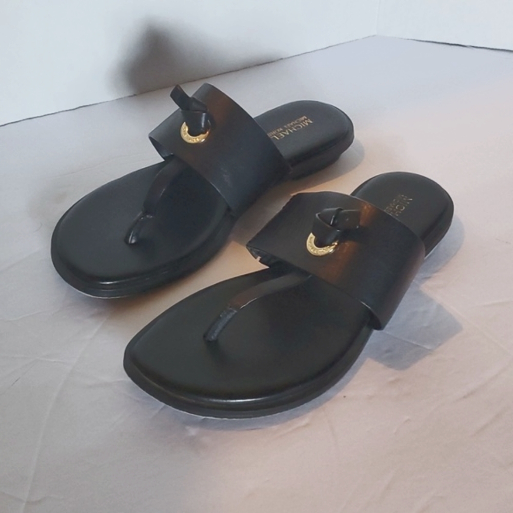 Micheal Kors Black Leather  Sandals. Logo Engraved Ring. Size Six. Gently Worn
